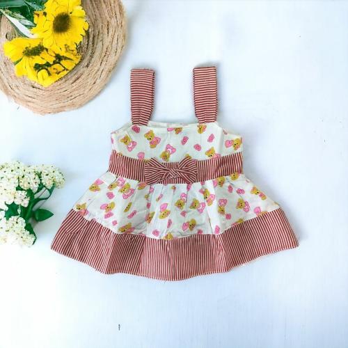 Cute Pals Sleeveless Printed Square Neck Knee Length A-line Frock Dress Top for Baby Girls | White | FK-002-PinkTeddy-L | 12-18M