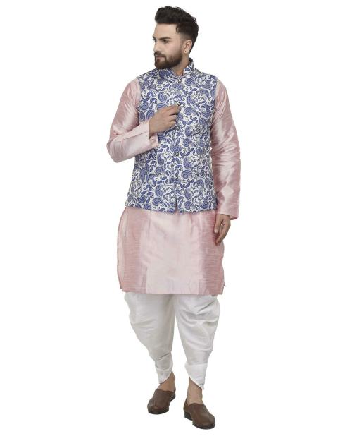 Benstoke Men's Pink Kurta With White Dhoti & Blue Printed Nehru Jacket