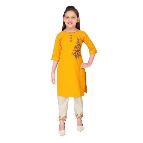 Sevgi Girl's Embroidered Kurti and Trouser Set (Gold 13-14 Years)