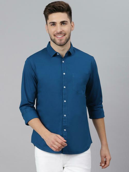 Dennis Lingo Men's Slim Fit Pure Cotton Solid Full Sleeves Casual Shirt (P-Blue)