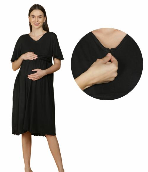Morph Maternity | Women Maternity Dress | With Hidden Vertical Zip For Easy Breastfeeding | Fits During Pregnancy & Post Pregnancy | Soft Cotton | One Side Pocket | Black | L