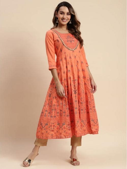 Rangita Women 100% Cotton Orange Yoke Embroidered Calf Length Flared Kurti