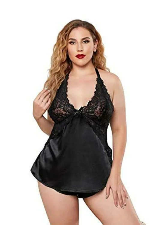 Plus Curvves Black Plus Size Dress Enticing Satin Cami Set with Top & Shorts - 6XL Size