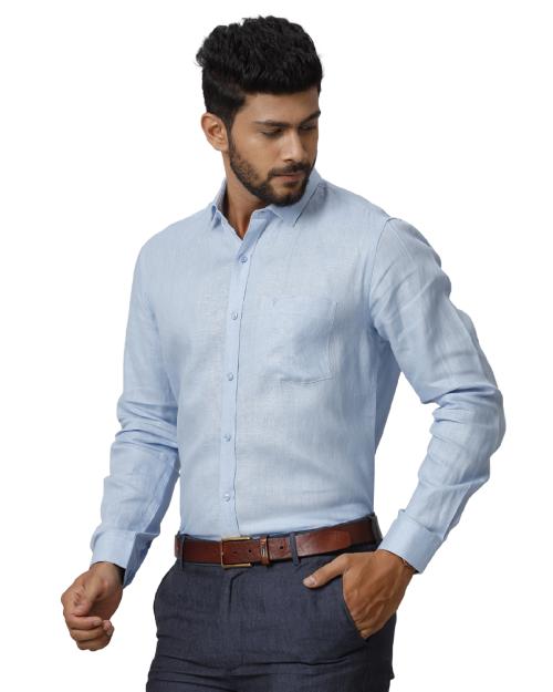 RAMRAJ Men Lite Blue Solid Full Sleeves Casual & Formal Shirt