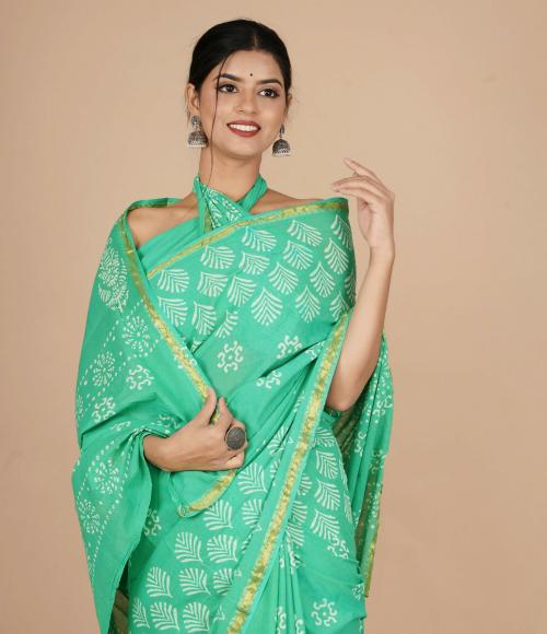 Shivanya Handicrafts Women's Hand Block Batik Bagru Jaipuri Ikat Printed Handloom Pure Cotton Mulmul Traditional Cotton Sarees With Printed Blouse Piece With Pom Pom Lace (White, Red)_SH-1275