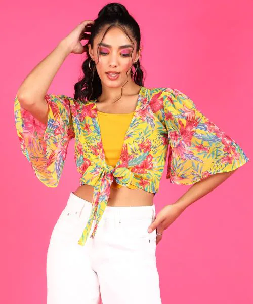 Popwings Women Casual Yellow Printed Chiffon Shrug | Trendy Shrug | Stylish Shrug | New Design Shrug