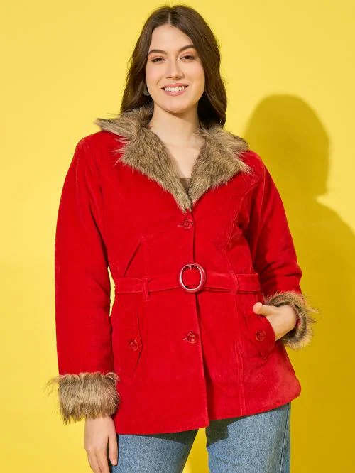 Buy Buynewtrend Red Velvet Winter Coat Women Jacket With Soft Fur