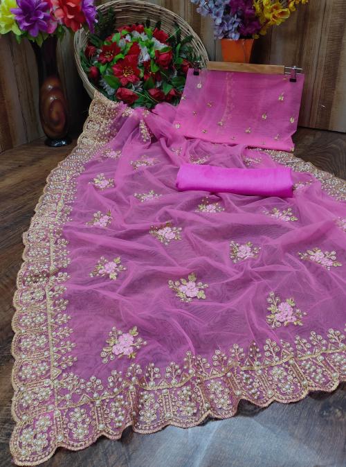 Baby Pink Heavy Net Saree With Embroidery Work