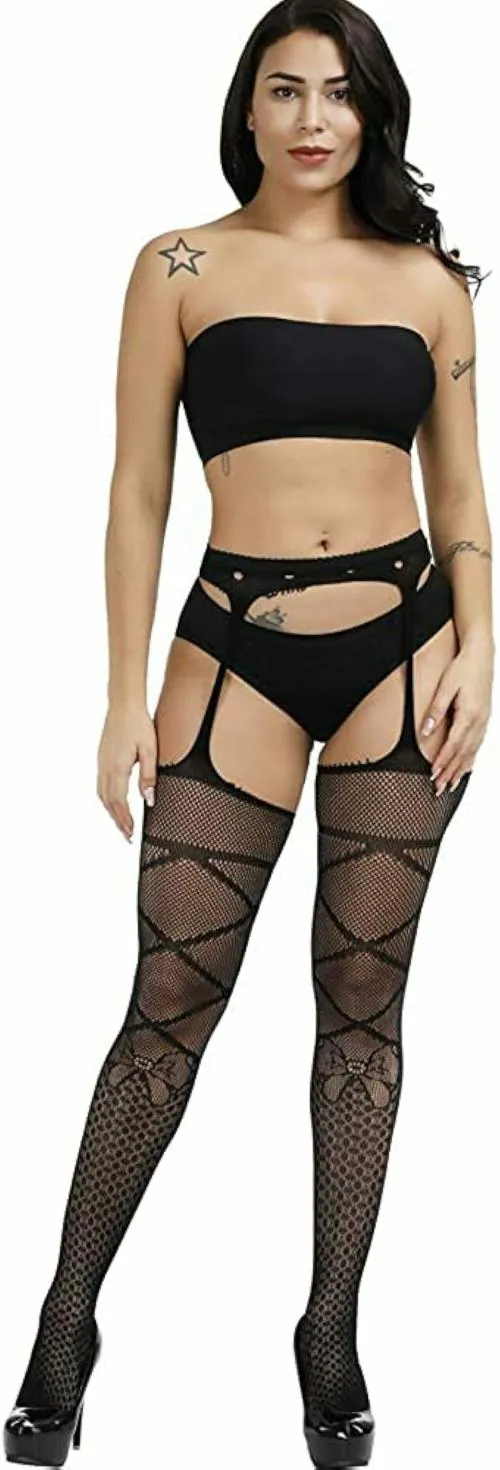 ogimi - ohh Give me Women's Garter Belt Fishnet Tights Stockings High Waisted Suspender Pantyhose (Design 1)