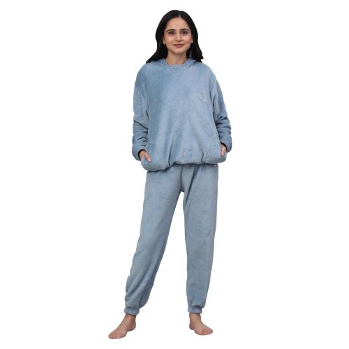 Klotthe Women Blue Wool Blend Solid Hooded Night Suit