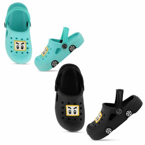 SMARTOTS Pack of 2 Dailywear Unique & Stylish Car Model Casual Clogs with Back Strap for Kids- Green/Black
