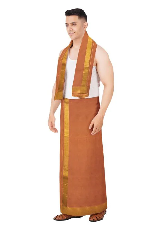 South Indian Men's Cotton Dhoti Towel set with Golden Jari Border for Pooja | 9X5 [Kavi]