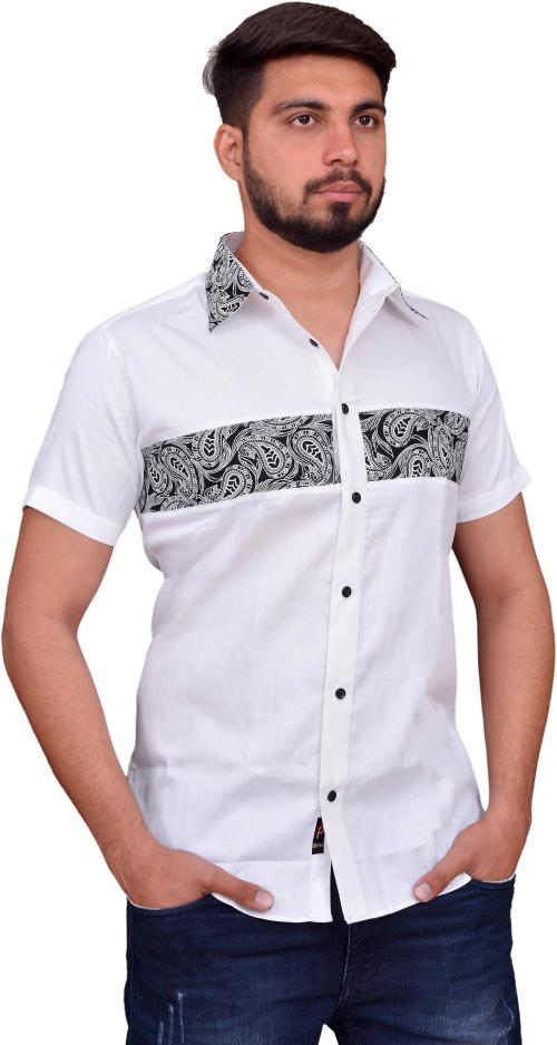 PP SHIRTS Men White Printed Cotton Blend Casual Shirt (M)