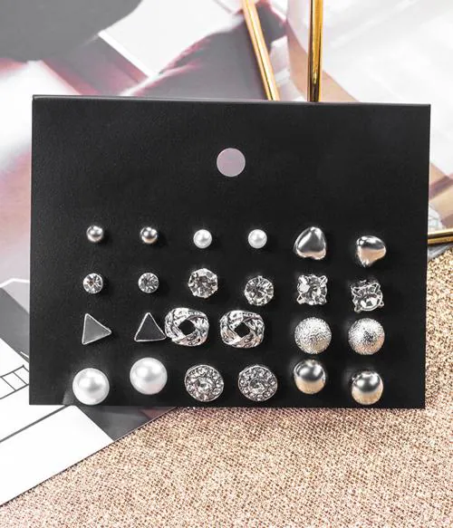 Vembley Combo of 12 Pair Silver Plated Stones Studded Pearl Stud Earrings