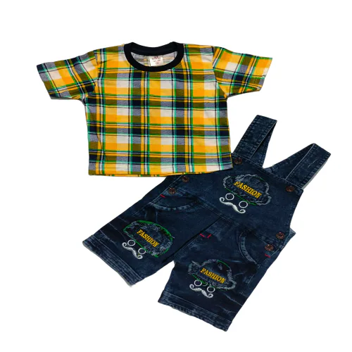 PARROTKING Summer Casual Self Design Denim Bottom With Cotton T-shirt Dungarees For Kids Infants ( Yelllow )