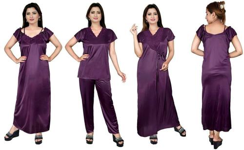 PHKMALL Women Purple Self Design Satin Nighty Set