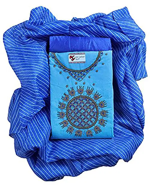 Sun Fashion and Lifestyle Women Sky Blue Hand Work, Aari Work Cotton Silk Unstitched Salwar Suit Dress Material with Lining