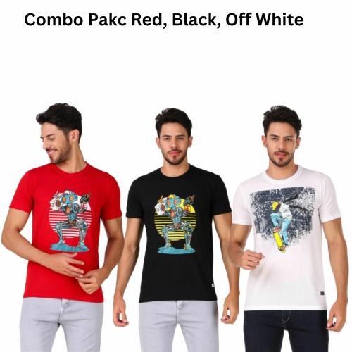 RADIOACTIVE IN FASHION BRANDED SKATEBOARD AND ROBOT DESIGN PRINTED COMBO 3 T-SHIRT FOR MEN | COLOR-RED-BLACK-OFF-WHITE | SIZE-M
