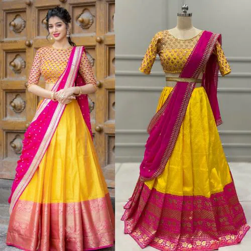 Fabcartz Women Yellow, Pink Self Design Jacquard Lehenga Choli