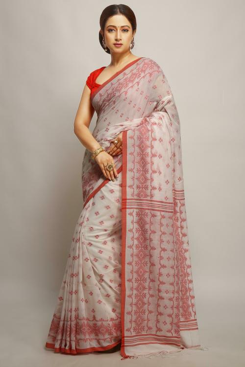 WoodenTant Women White Woven Design Pure Cotton Saree