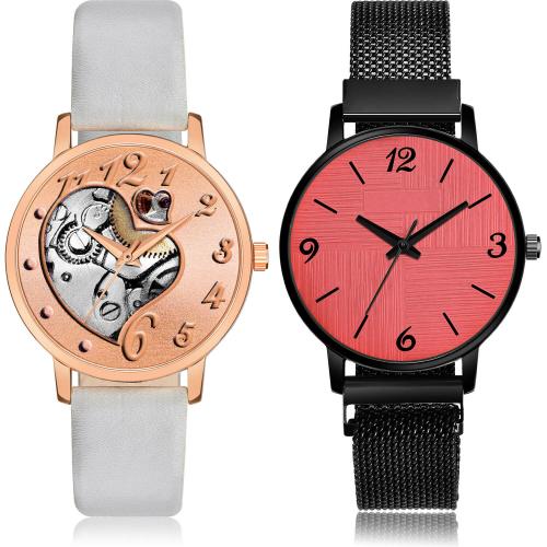 NEUTRON Best Wrist Love Heart And Magnet Chain Grey And Black Colour Analog Genuine Leather And Metal Belt 2 Watch Combo For Women And Girls - GM375-GM226