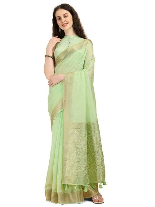 Dungrani Light Green Floral Cotton Silk Women Saree With Blouse Pic