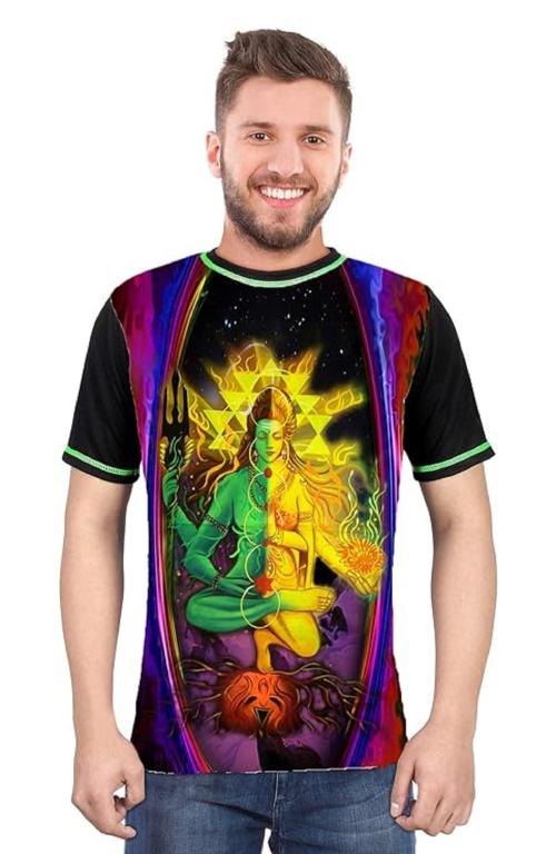 PSYCHEDELIC Limited Edition Multi Color | Digital Printing | UV Glow Shiv-Shakti-Space-Meditation | Round Neck | Hippie Style | T-Shirt for Men & Women