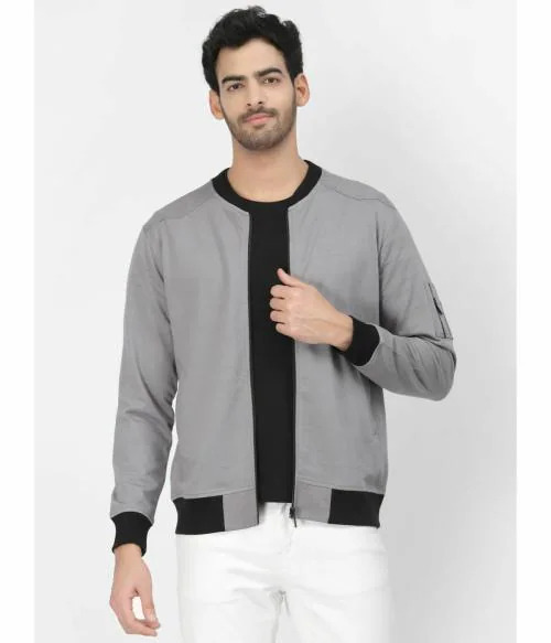 PAUSE Cotton Dark Grey Low-cut Stand Collar Slim Fit Full Sleeve Men's Jacket