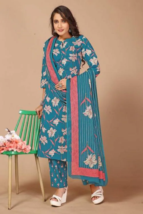 PASIKA Women Pure Cotton Kurti Pant Dupatta Set (L)