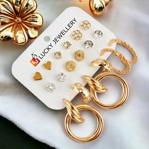 LUCKY JEWELLERY Fashion 9 Pairs Combo Set Of Latest Earrings Stone Heart Floral Shaped Stud Tops Earing Gold Plated Chain Link Dangle C Shaped Semi Hoops Earring for Women & Girls (225-CHEX-1157-9)