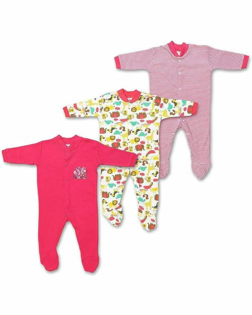 MM IMPEX Baby Boys and Girls Pink Striped, Printed Cotton Blend, Hosiery Pack of 3 Romper 6-9 MONTHS| Rompers |Sleepsuits | Jumpsuit |Body suits