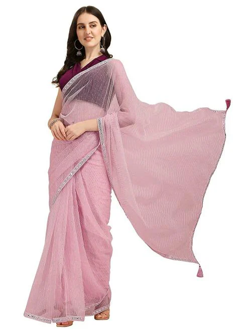 Dungrani Pink Embroidery Organza Women Saree With Blouse Pic