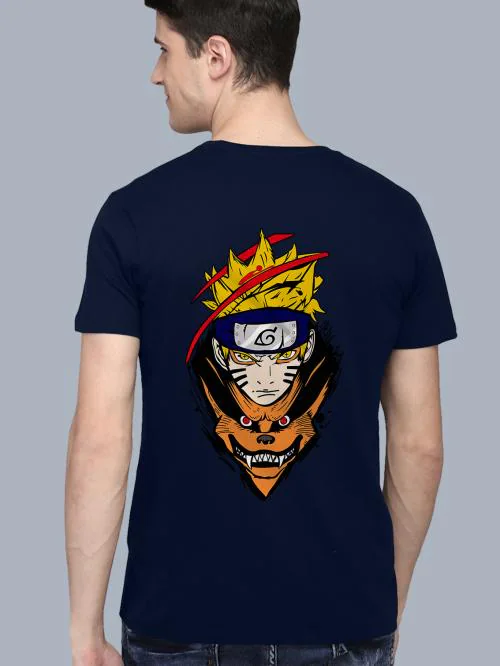 BLISSINK Naruto Anime Front And Back Printed Navy Blue Cotton Tshirt for Men
