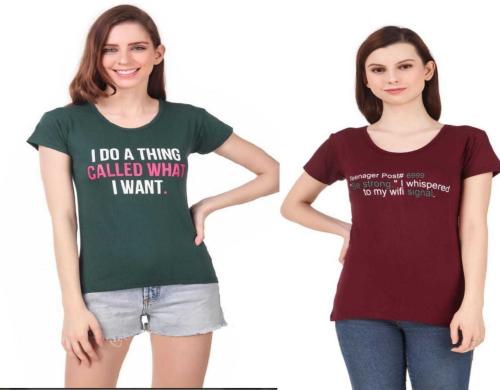 High Seas Women Multicolor Printed Cotton Blend Round Neck T-Shirts - L (pack of 2)