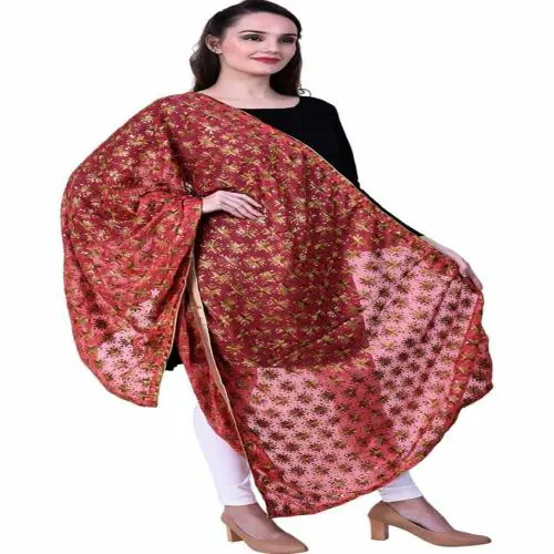 KAPS Women's Embroidered Phulkari Chiffon Dupatta/chunni/phulkari/phulkari for women heavy (maroon)