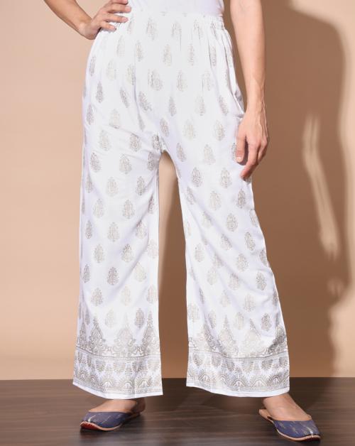 BuyNewTrend White Rayon Block Print Women Palazzo Pant