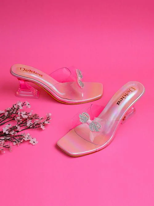 Dchica Pink Glass Heels With Stylish Transparent Straps For Kids
