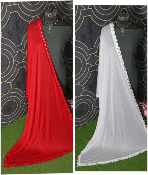 VastraBazaar Lycra blend 4 Side MirrorLace Dupatta||odhani|| Chunari||PACK OF 2(Red,White)