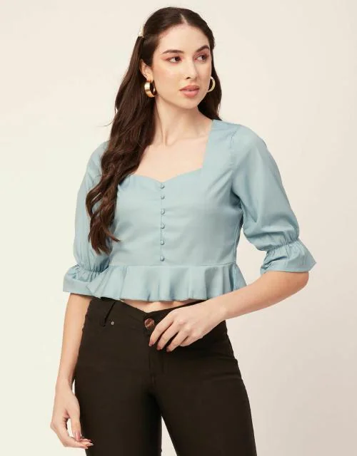 Buy Moomaya Women Short Top Sweetheart Neck Elbow Sleeves Crop Top