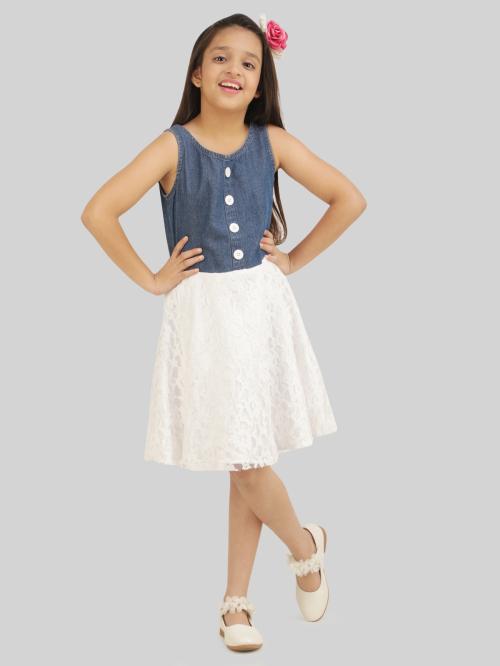 Being Naughty Blue & White Color Solids Denim & Satin Knee Length Dress