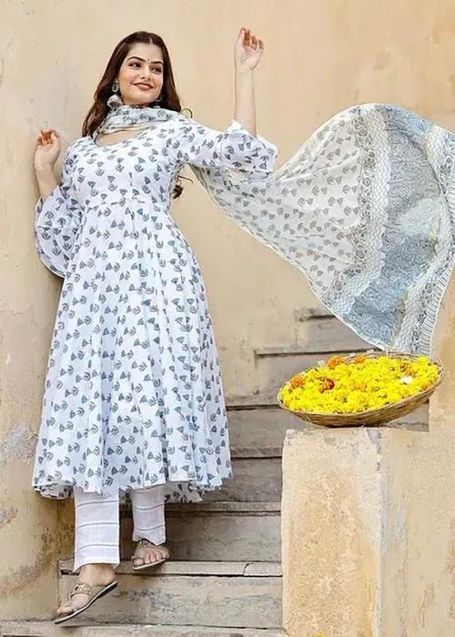 Jesvi Women Light Blue and White Floral Print Cotton Rayon Anarkali Kurta, Pant and Dupatta Set - L