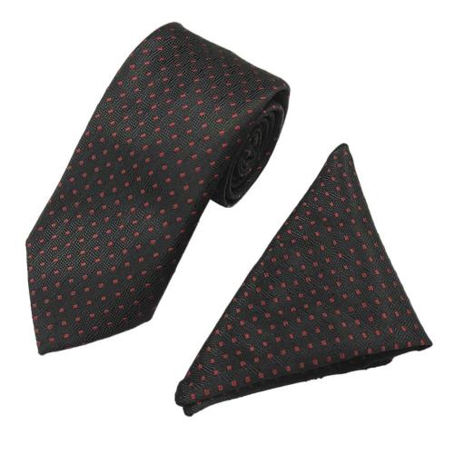 Rare Combee Group Mens Black Premium Silk Necktie Suit Accessories Set With Pocket Square Red Dotted Design