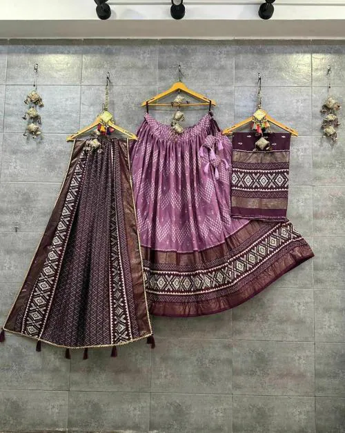 PIYUJI CREATION Women,s Tussar Silk With Leheriya And Foil Print Lehenga choli Set Wine Color