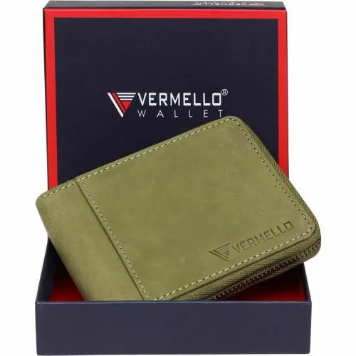 VERMELLO Mens Green Genuine Leather RFID Wallet