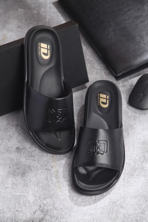 iD Men's Black Leather Casual Slides