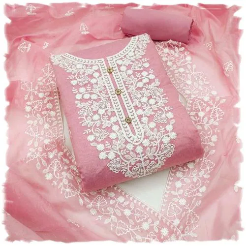 Sidhidata Women's Heavy Cotton Embroidery Work Unstitched Salwar Suit Dress Material With Chanderi Work Dupatta Light Pink