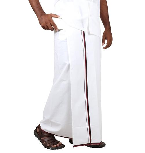 Prakasam coton mens premium quality (Hip Size-44 Inch) White colour Party (DMK) multi colour Border Readymade dhoti with pocket dhoti