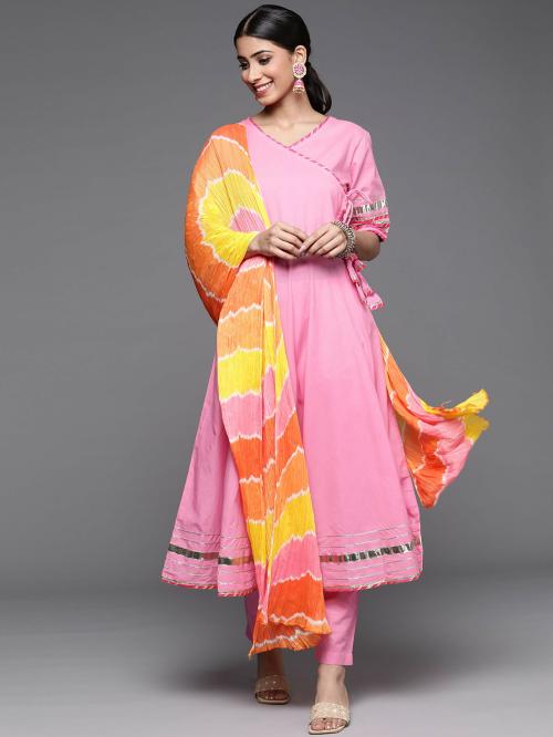 Varanga Women Pink Flared Angrakha Kurta Set With Multi Colour Leheriya Dupatta
