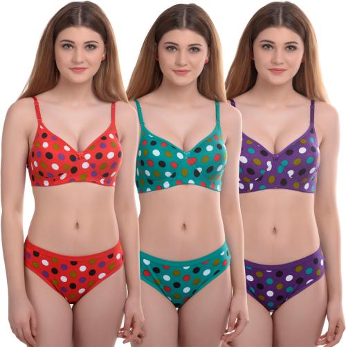 Lewania Multicolor Womens Cotton Blend Printed Bra And Panty Lingerie Set (Set Of 3)