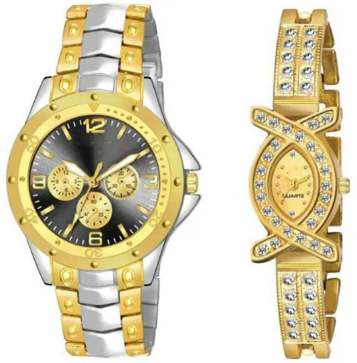 Blutech Analog Black, Gold Dial Gold Strap Watch For Men And Women (Pack Of 2)